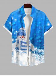 Plus Size Christmas Snowman Hat Scarf Snowflake Glitter 3D Print Buttons Pocket Shirt For Men -  