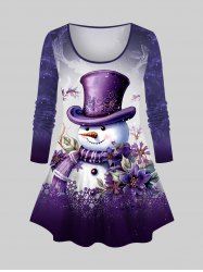 Plus Size Christmas Snowflake Snowman Flowers Ombre Colorblock Print T-shirt -  