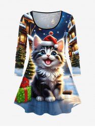 Plus Size Christmas Tree Gift Hat Ball Cat House Galaxy Print Long Sleeves T-shirt -  