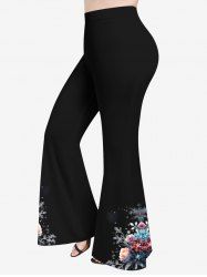 Plus Size Christmas Snowflake Holly Leaf Rose Flower Print Flare Pants -  
