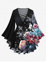 Plus Size Christmas Snowflake Holly Leaf Rose Flower Print Lattice Long Sleeves T-shirt -  