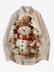 Plus Size Christmas Snowman Floral Holly Leaf Print Button Long Sleeves Shirt For Men -  