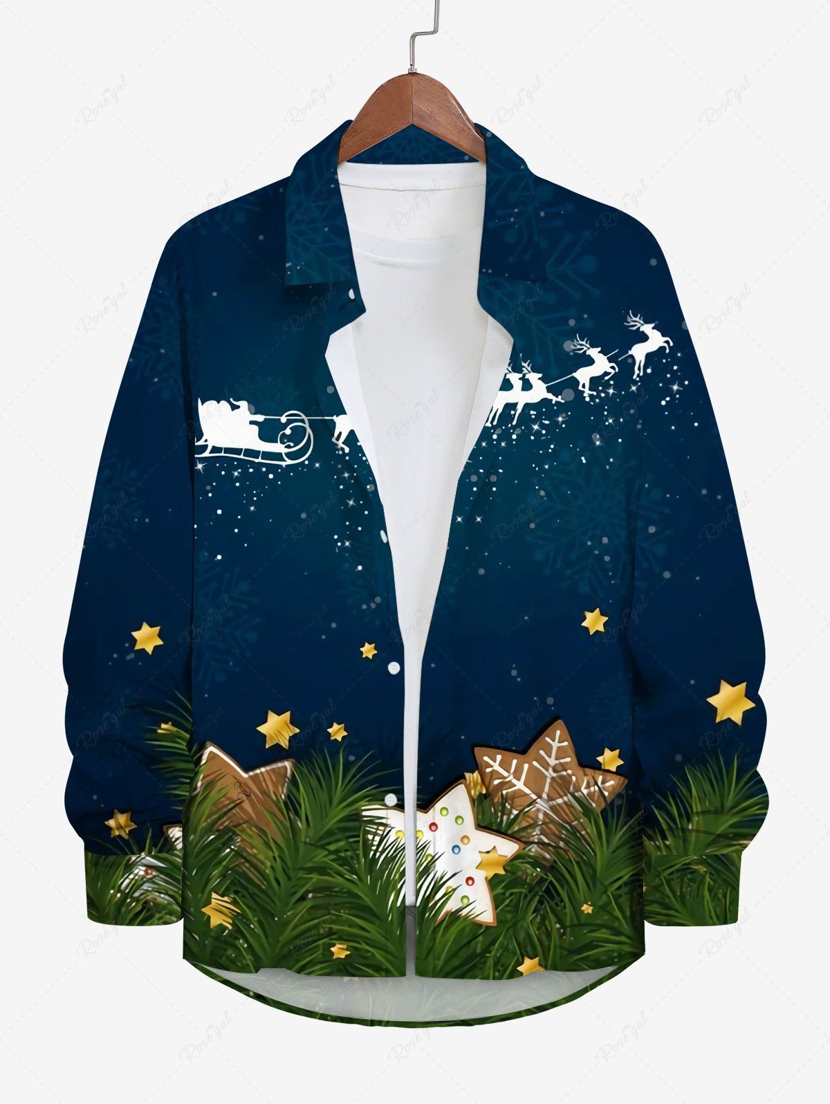 Outfit Plus Size Christmas Elk Glitter Galaxy Snowflake Star Grass Print Button Long Sleeves Shirt For Men  