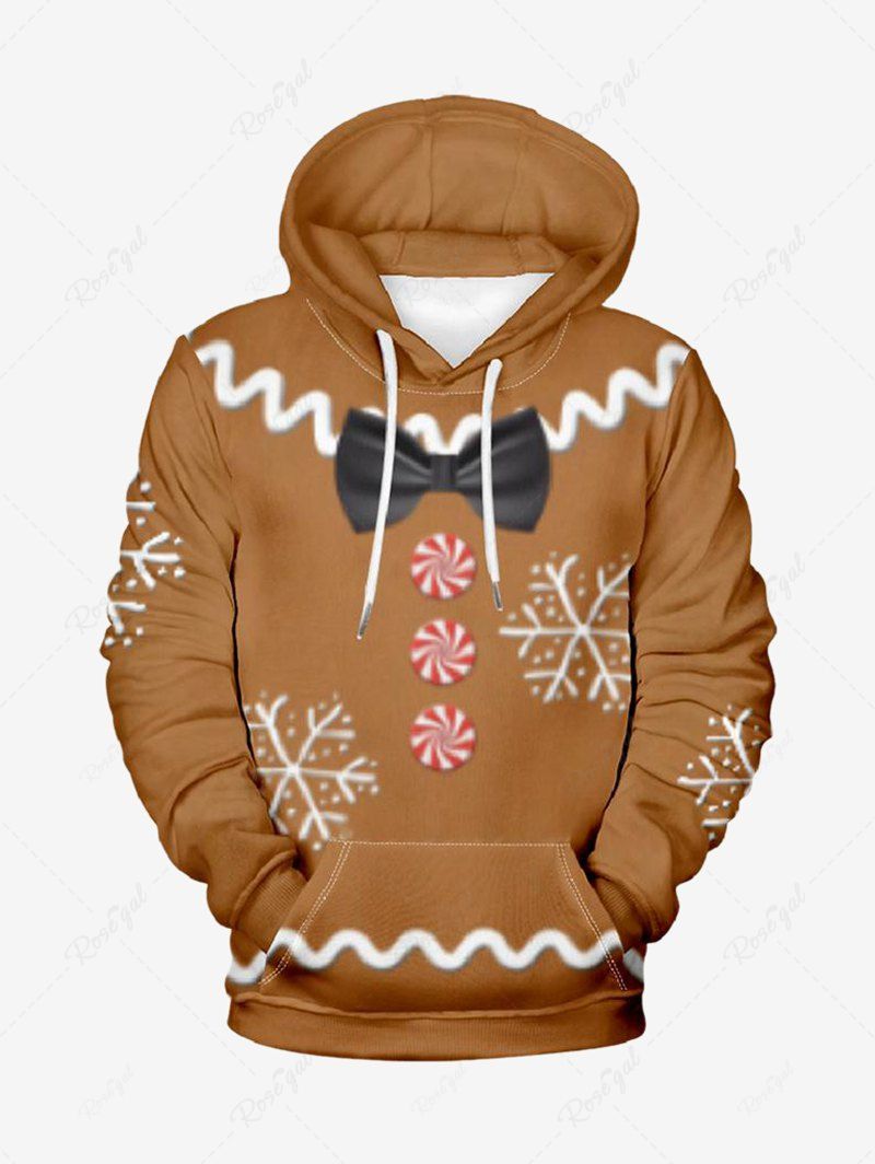 Online Plus Size Christmas Snowflake Candy Button Bowknot Print Pocket Drawstring Pullover Long Sleeves Hoodie For Men  