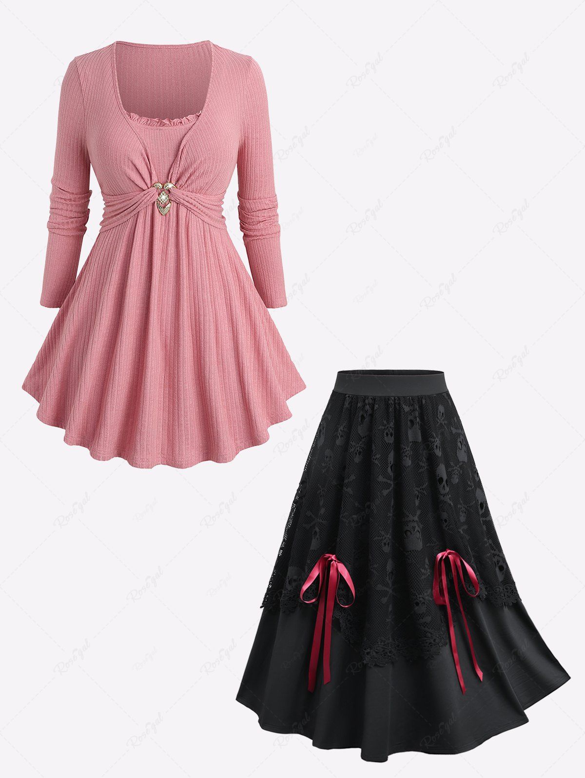 Latest Ruffles Ruched Ribbed Textured Top and Skull Mesh Bowknot Tied Skirt Plus Size Outfit  