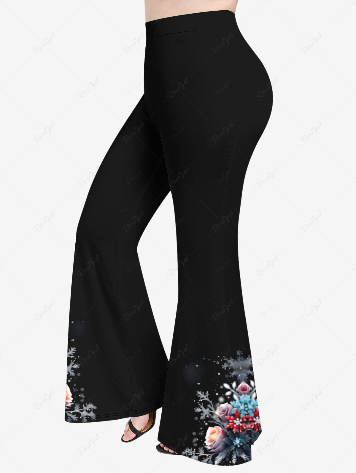 Outfits Plus Size Christmas Snowflake Holly Leaf Rose Flower Print Flare Pants  