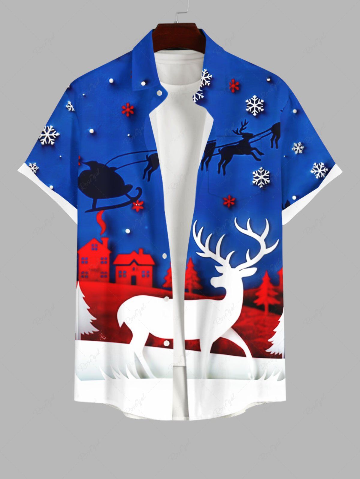 Chemise Imprimé Maison Élans Père Noël et Flocons de Neige Grande Taille avec Poche pour Homme Bleu Ciel 2XL