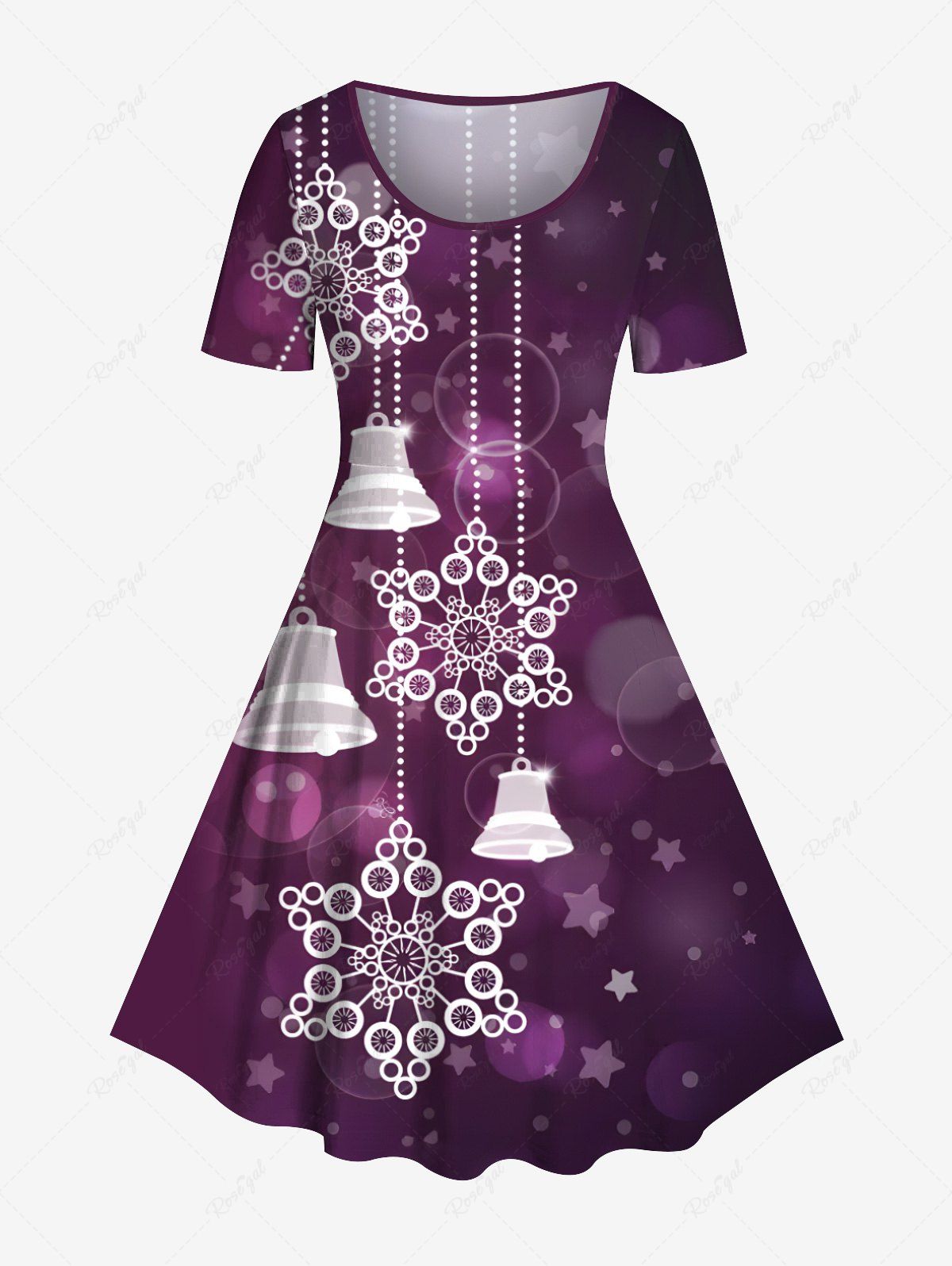 Fashion Plus Size Christmas Snowflake Bell Bubble Stars Print Ombre A Line Dress  