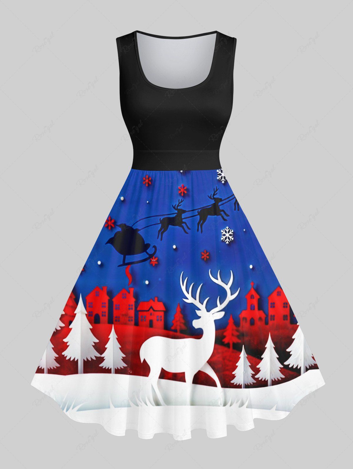 Store Plus Size Christmas Elk Snowflake Santa Claus House Print Vintage Swing A Line Dress  
