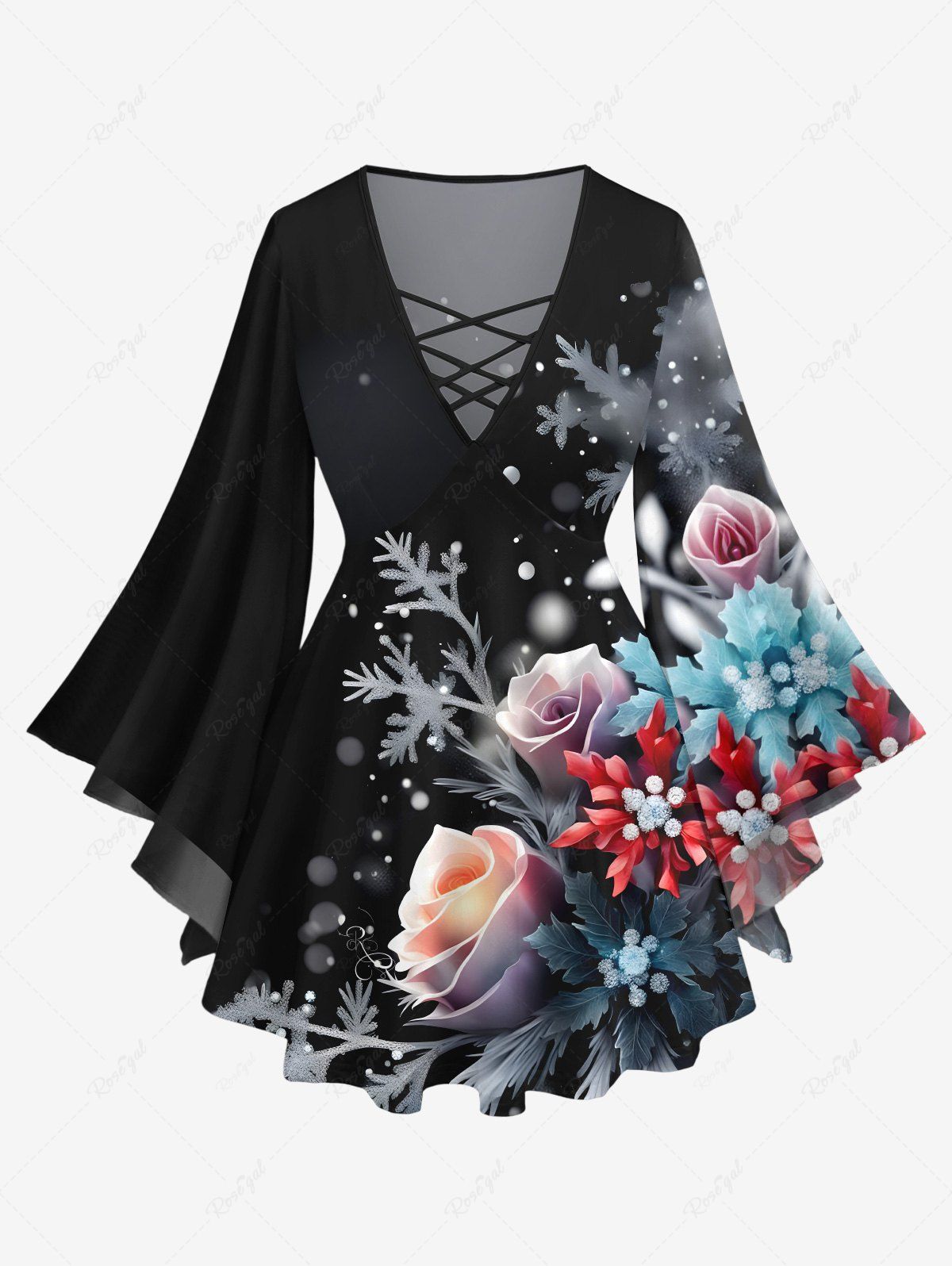Shops Plus Size Christmas Snowflake Holly Leaf Rose Flower Print Lattice Long Sleeves T-shirt  