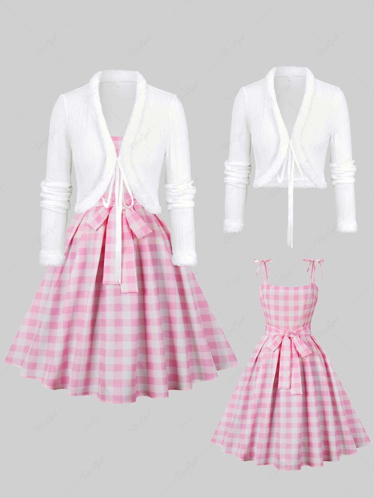 Unique Fluffy Trim Cropped Textured Cardigan and Plaid Print Bowknot Vintage Dress Plus Size Outfit  