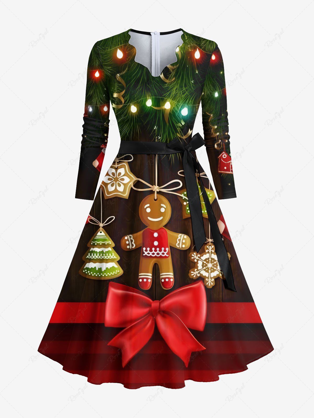 Outfits Plus Size Christmas Light Star Gingerbread Bowknot Print Scalloped V Neck Dress With A Belt  