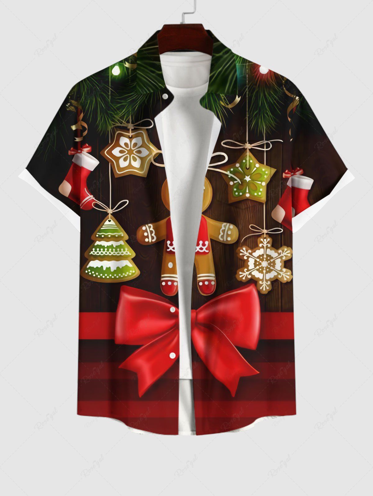Chemise de Noël Etoile Lumière et Nœud Papillon Imprimés de Grande Taille avec Poche en Avant Noir 2XL