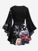Plus Size Christmas Snowflake Holly Leaf Rose Flower Print Lattice Long Sleeves T-shirt -  