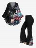Plus Size Christmas Snowflake Holly Leaf Rose Flower Print Lattice Long Sleeves T-shirt -  