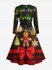 Plus Size Christmas Light Star Gingerbread Bowknot Print Scalloped V Neck Dress With A Belt -  