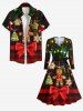 Plus Size Christmas Light Star Gingerbread Bowknot Print Scalloped V Neck Dress With A Belt -  