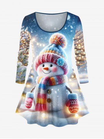 T-shirt Sapin de Noël Bonhomme de Neige Lumière et Flocon de Neige Imprimés de Grande Taille - BLUE - 6X