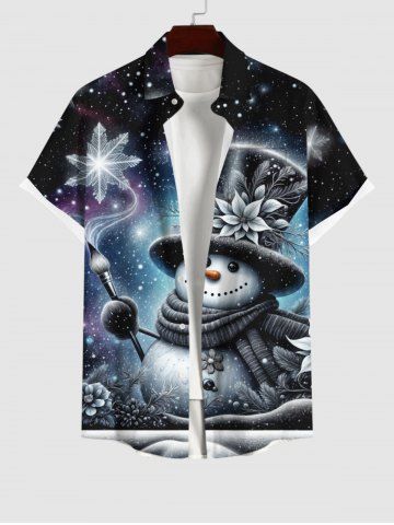 Plus Size Christmas Snowflake Hat Snowman Galaxy Star Print Buttons Pocket Shirt For Men - BLACK - 2XL