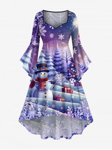 Plus Size Christmas Tree Ball Snowman Snowflake Gift Box Print Ruched Flare Sleeve High Low Dress - PURPLE - S