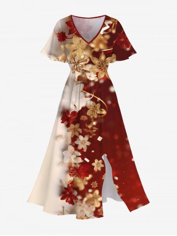 Plus Size Christmas Gilding Floral Print Ombre Split Pocket A Line Midi Dress - MULTI-A - 4X