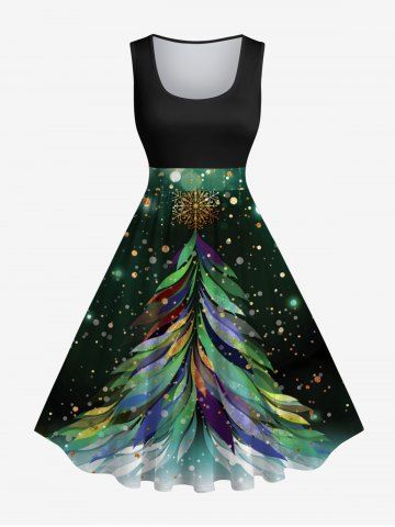 Plus Size Christmas Tree Snowflake Feather Light Spot Print Ombre Vintage Swing A Line Dress - GREEN - 3X