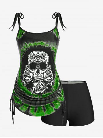 Plus Size Skull Rose Tie Dye Print Cinched Ruched Tie Boyshorts Tankini Swimsuit - DEEP GREEN - 5X | US 30-32