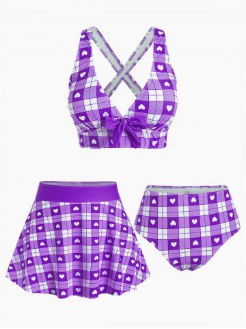 Plus Size Valentines Heart Bowknot Crisscross Padded Three Piece Tankini Swimsuit - CONCORD - L | US 12