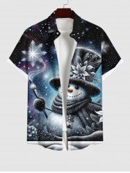 Plus Size Christmas Snowflake Hat Snowman Galaxy Star Print Buttons Pocket Shirt For Men -  