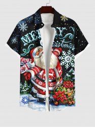 Plus Size Christmas Santa Claus Flowers Gingerbread Snowflake Print Buttons Pocket Shirt For Men -  