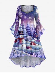 Plus Size Christmas Tree Ball Snowman Snowflake Gift Box Print Ruched Flare Sleeve High Low Dress -  