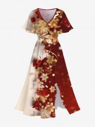 Robe Mi-Longue de Noël Ligne A Fleurie Imprimée Dorée Fendue de Grande Taille - Multi-A 5X