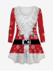 T-shirt 3D Père Noël et Flocon de Neige Imprimés de Grande Taille à Paillettes - Rouge L