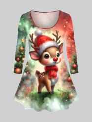 Plus Size Christmas Tree Ball Elk Hat Tie Dye Ombre Print Long Sleeves T-shirt -  