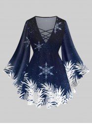 Plus Size Christmas Snowflake Galaxy Leaf Print Flare Sleeves Lattice T-shirt -  