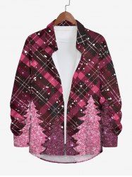 Chemise Brillant 3D Flocon de Neige et Sapin de Noël Imprimé à Carreaux avec Poche de Grande Taille à Manches Longues - Rose clair 2XL