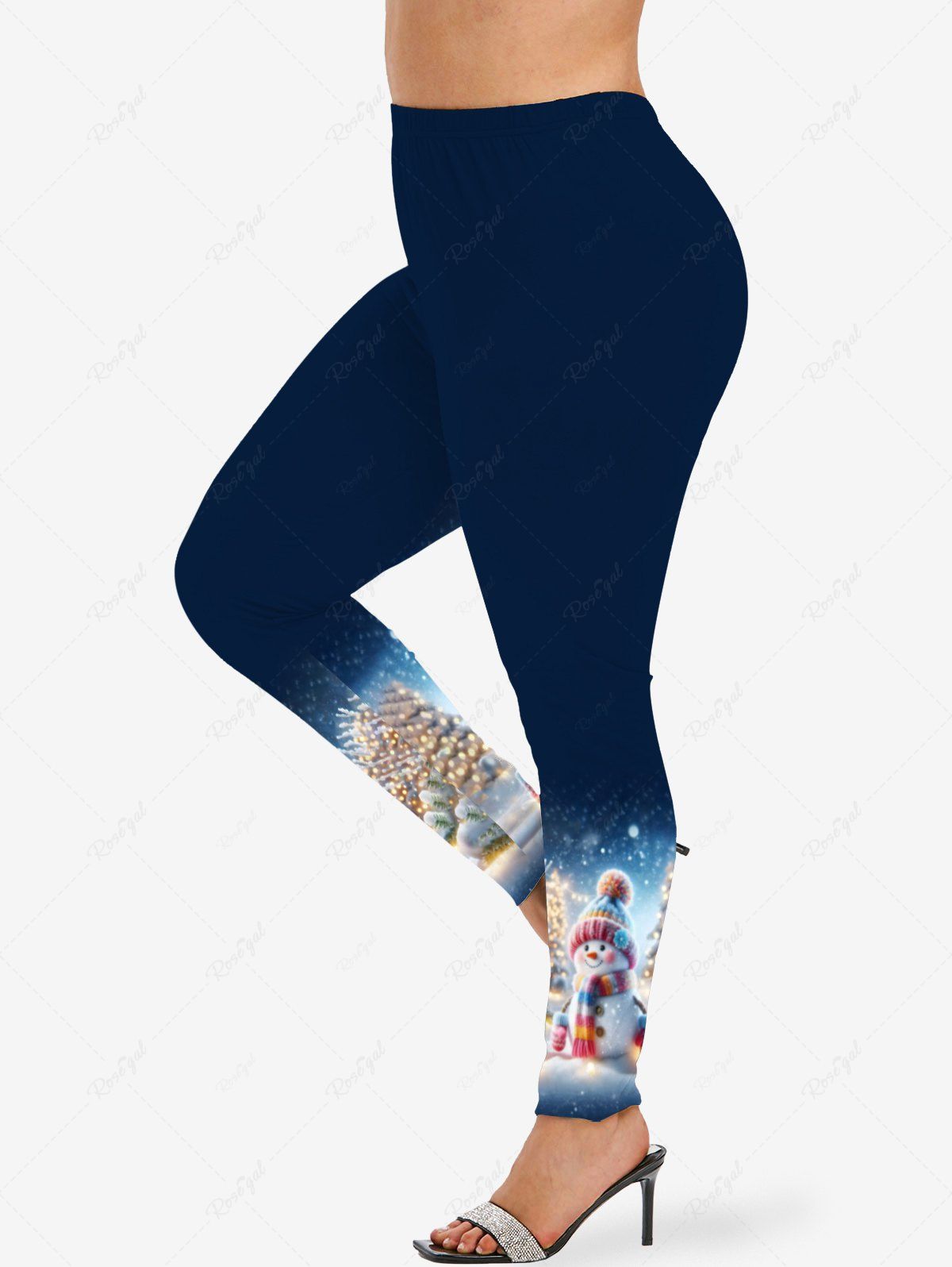Chic Plus Size Christmas Tree Light Gloves Hat Snowman Snowflake Print Leggings  