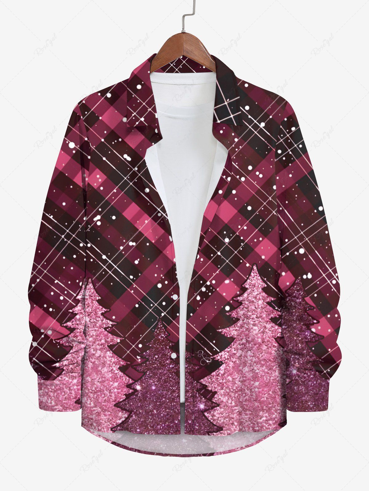 Chemise Brillant 3D Flocon de Neige et Sapin de Noël Imprimé à Carreaux avec Poche de Grande Taille à Manches Longues Rose clair 5XL