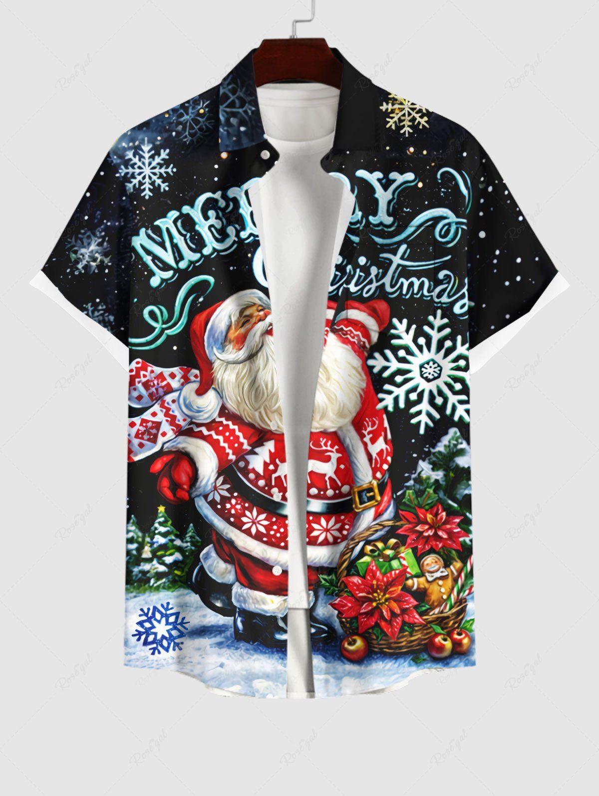 Unique Plus Size Christmas Santa Claus Flowers Gingerbread Snowflake Print Buttons Pocket Shirt For Men  