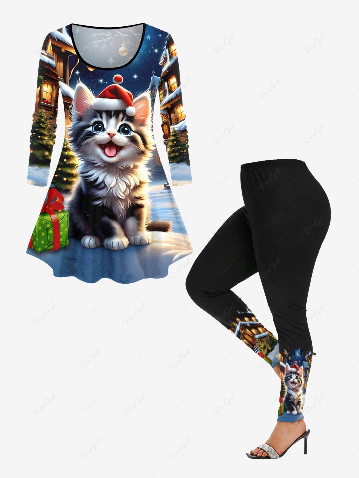 Ensemble de T-shirt Chat Maison Sapin de Noël et Galaxie Imprimés Grande Taille à Manches Longues Multi-A 