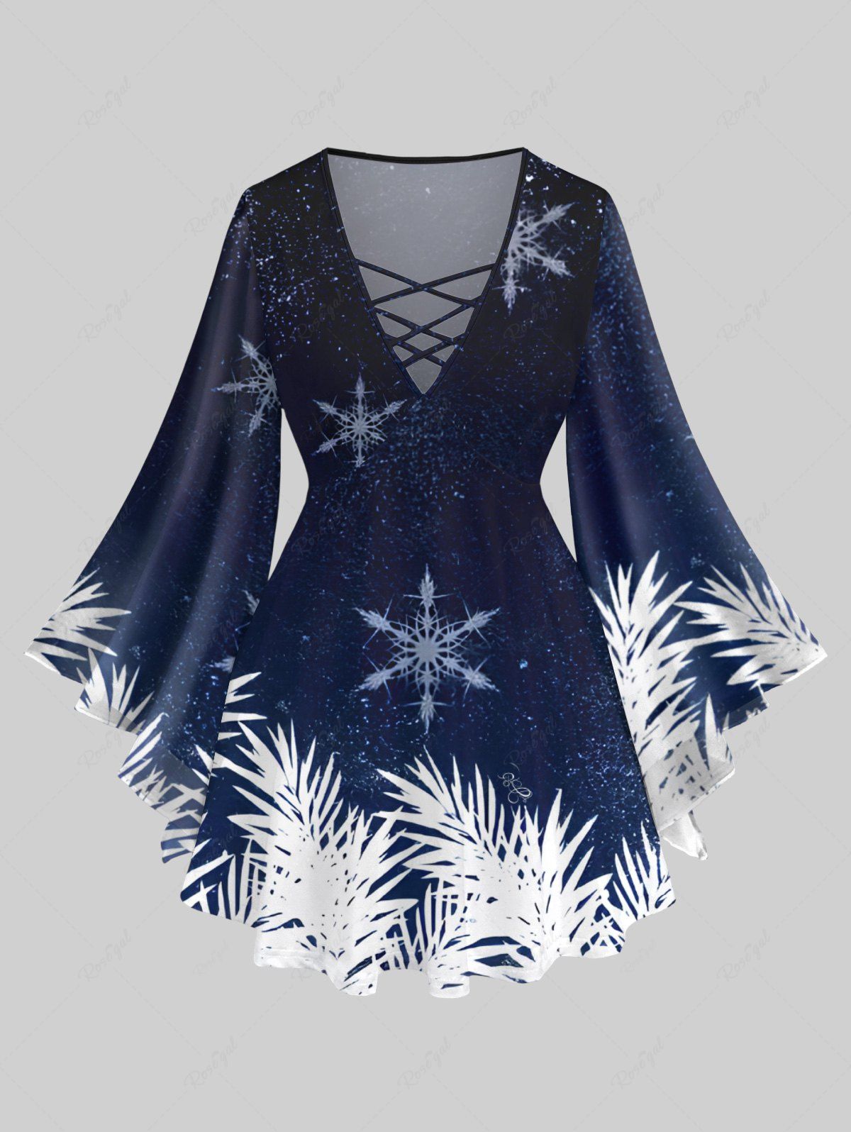 Best Plus Size Christmas Snowflake Galaxy Leaf Print Flare Sleeves Lattice T-shirt  