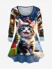 Ensemble de T-shirt Chat Maison Sapin de Noël et Galaxie Imprimés Grande Taille à Manches Longues - Multi-A 