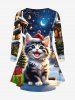 Ensemble de T-shirt Chat Maison Sapin de Noël et Galaxie Imprimés Grande Taille à Manches Longues - Multi-A 