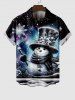 Plus Size Christmas Snowflake Hat Snowman Galaxy Star Print Buttons Pocket Shirt For Men -  