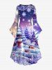 Plus Size Christmas Tree Ball Snowman Snowflake Gift Box Print Ruched Flare Sleeve High Low Dress -  