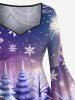 Plus Size Christmas Tree Ball Snowman Snowflake Gift Box Print Ruched Flare Sleeve High Low Dress -  