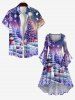 Plus Size Christmas Tree Ball Snowman Snowflake Gift Box Print Ruched Flare Sleeve High Low Dress -  
