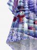 Plus Size Christmas Tree Ball Snowman Snowflake Gift Box Print Ruched Flare Sleeve High Low Dress -  