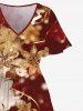 Robe Mi-Longue de Noël Ligne A Fleurie Imprimée Dorée Fendue de Grande Taille - Multi-A 1X