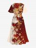 Robe Mi-Longue de Noël Ligne A Fleurie Imprimée Dorée Fendue de Grande Taille - Multi-A 5X